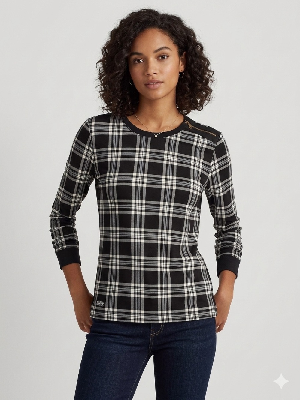 Lauren Ralph Lauren Black and White Plaid Long-Sleeve Top with Shoulder Zip XL